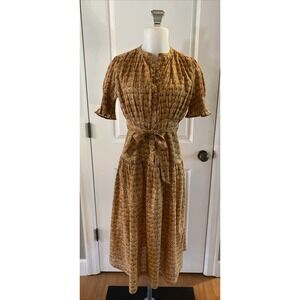 Daughters Of India Prairie Autumn Dress XS‎ Women's Boho Floral Midi Brown Tan